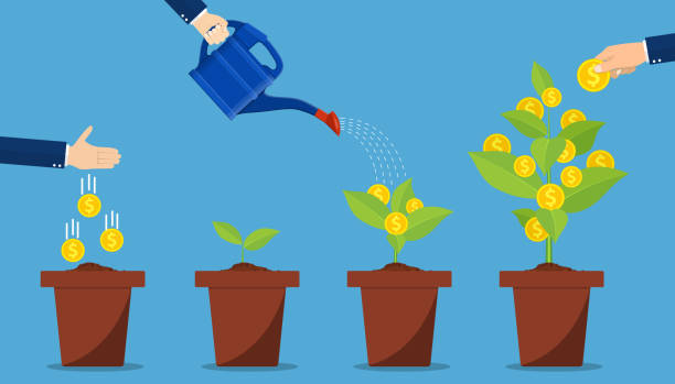 Investment and profit represented by hands watering and picking money plants. Financial growth concept. Vector illustration in flat style